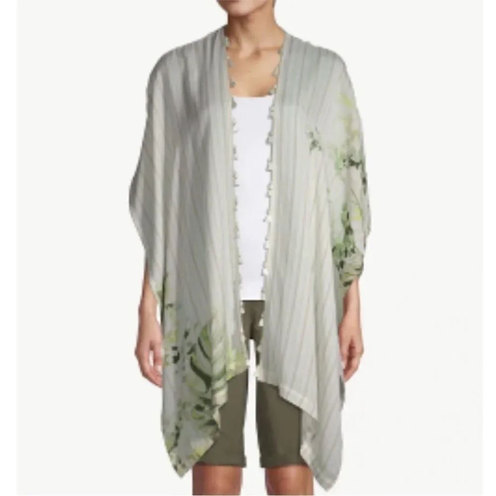 Chico's Covering Women Sz L/XL White Green Tropical Striped Wrap Ruana Shawl